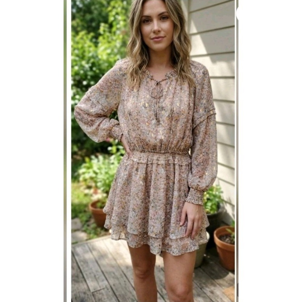 FATE Tiered Mini Dress Cream Beige Floral Chiffon Smocked Waist Romantic Boho